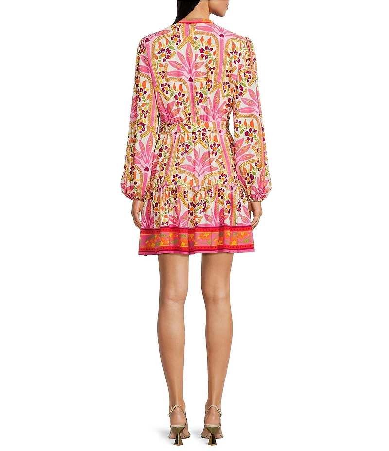 Adrianna By Adrianna Papell Split V-Neck Long Sleeve Printed Tiered Dress