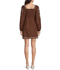 Adrianna by Adrianna Papell Square Neck Long Sleeve Embroidered Cotton Sheath Dress