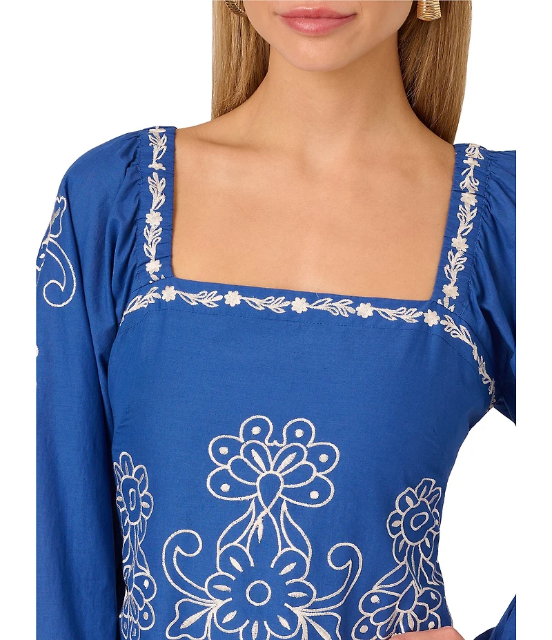 Adrianna by Adrianna Papell Square Neck Long Sleeve Embroidered Cotton Sheath Dress