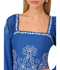 Adrianna by Adrianna Papell Square Neck Long Sleeve Embroidered Cotton Sheath Dress