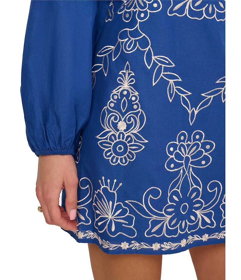Adrianna by Adrianna Papell Square Neck Long Sleeve Embroidered Cotton Sheath Dress