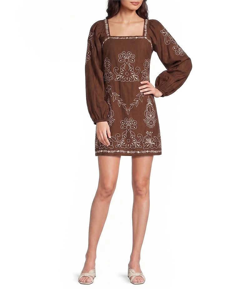 Adrianna by Adrianna Papell Square Neck Long Sleeve Embroidered Cotton Sheath Dress