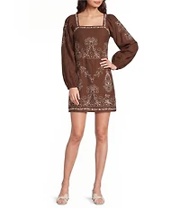 Adrianna by Adrianna Papell Square Neck Long Sleeve Embroidered Cotton Sheath Dress