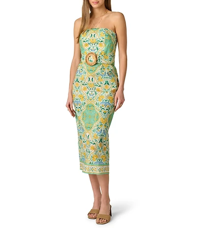 Adrianna by Adrianna Papell Strapless Printed Midi Dress With Raffia Belt