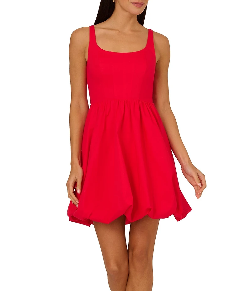 Adrianna by Adrianna Papell Stretch Cotton Square Neck Sleeveless Bubble Hem A-Line Mini Dress