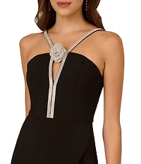 Adrianna by Adrianna Papell Stretch Crepe Halter Neck Front Bow Rhinestone Sheath Midi Dress