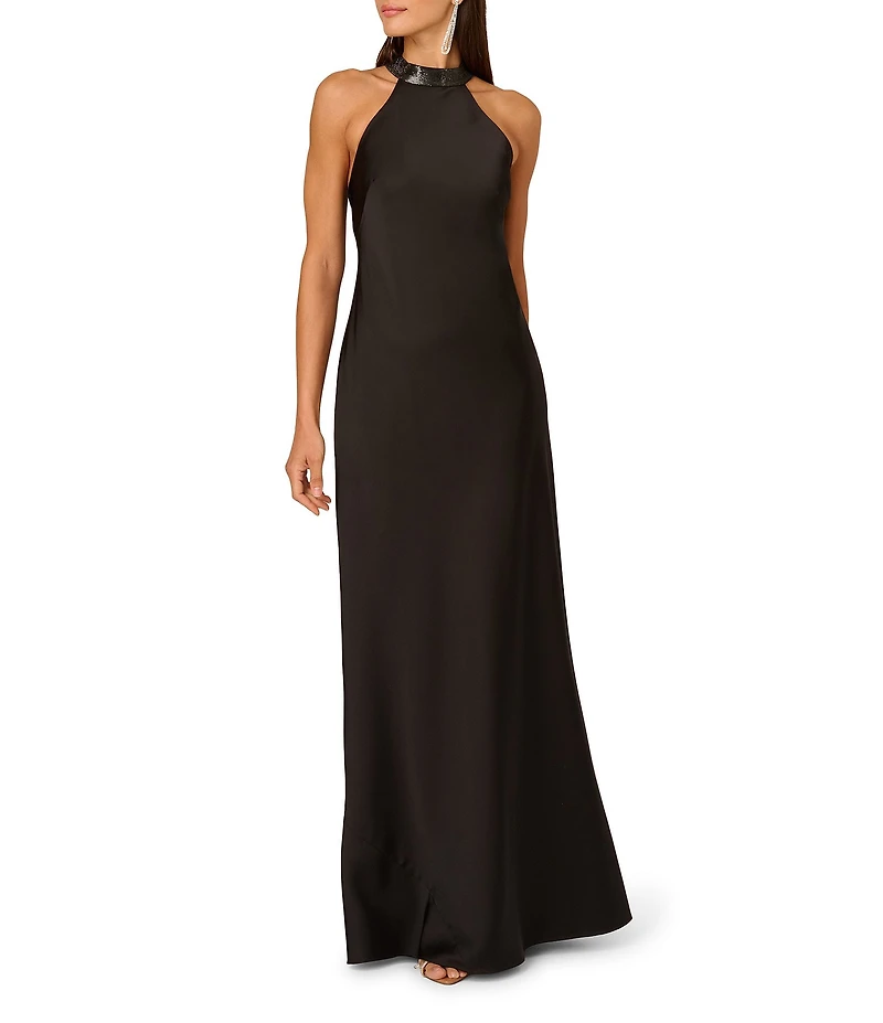 Adrianna by Adrianna Papell Stretch Satin Bias Halter Neck Sleeveless Rhinestone Sheath Gown