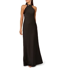 Adrianna by Adrianna Papell Stretch Satin Bias Halter Neck Sleeveless Rhinestone Sheath Gown