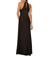 Adrianna by Adrianna Papell Stretch Satin Bias Halter Neck Sleeveless Rhinestone Sheath Gown