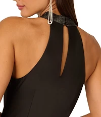 Adrianna by Adrianna Papell Stretch Satin Bias Halter Neck Sleeveless Rhinestone Sheath Gown