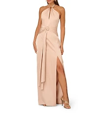 Adrianna by Adrianna Papell Stretch Satin Halter Neck Sleeveless Front Opening Sheath Gown