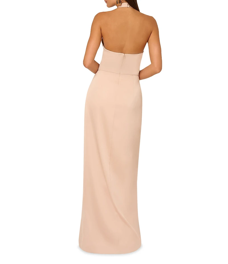 Adrianna by Adrianna Papell Stretch Satin Halter Neck Sleeveless Front Opening Sheath Gown