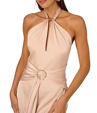 Adrianna by Adrianna Papell Stretch Satin Halter Neck Sleeveless Front Opening Sheath Gown