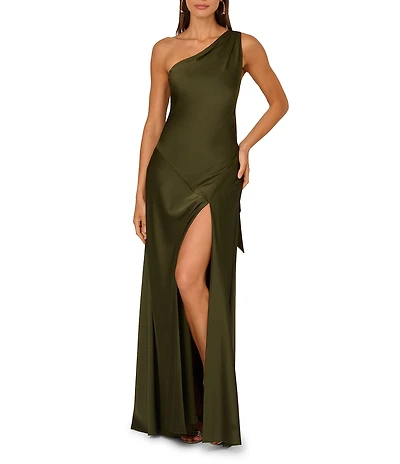 Adrianna by Adrianna Papell Stretch Satin One-Shoulder Sleeveless High Slit Sheath Dress