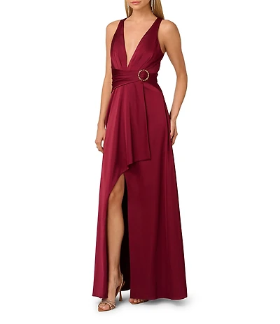 Adrianna by Adrianna Papell Stretch Satin Plunge V-Neck Sleeveless High Low Hem A-Line Gown