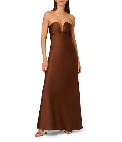Adrianna by Adrianna Papell Stretch Satin Plunging Neck Sleeveless Pleated Column Gown