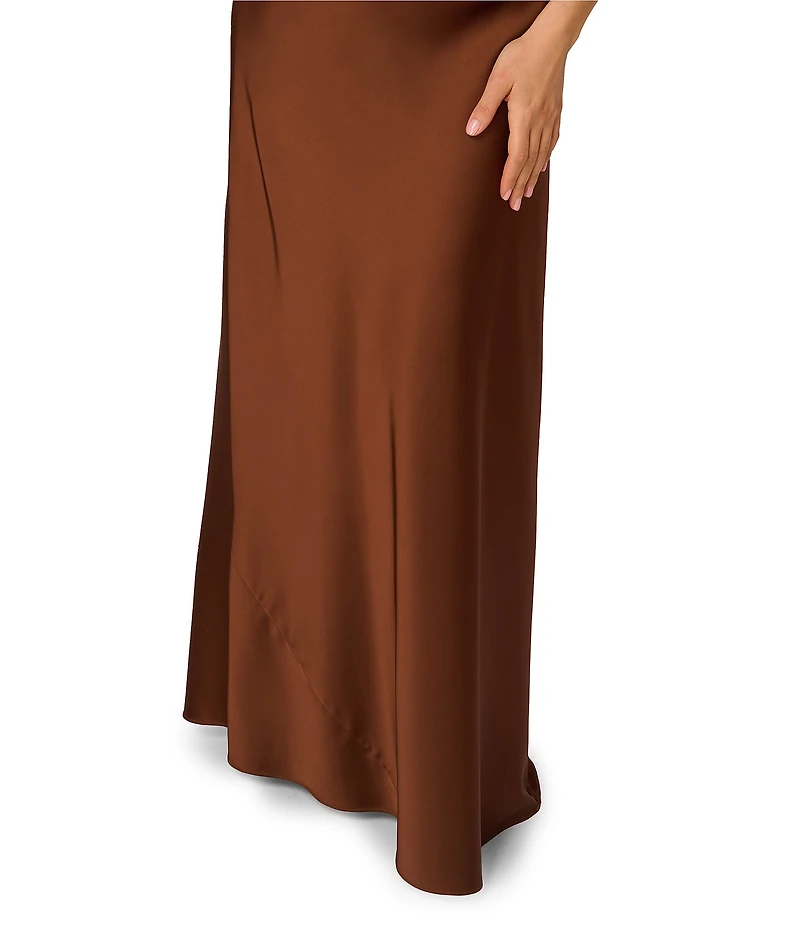 Adrianna by Adrianna Papell Stretch Satin Plunging Neck Sleeveless Pleated Column Gown