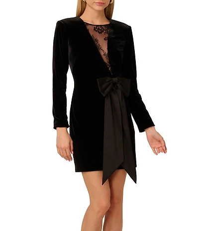 Adrianna by Adrianna Papell Stretch Velvet Lace Insert Crew Neck Long Sleeves Bow Mini Dress
