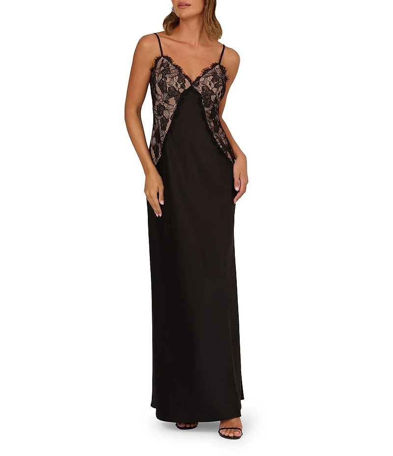 Adrianna by Adrianna Papell V-neck Sleeveless Lace Stretch Satin Column Gown