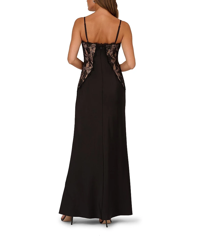 Adrianna by Adrianna Papell V-neck Sleeveless Lace Stretch Satin Column Gown