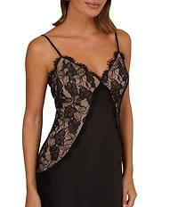 Adrianna by Adrianna Papell V-neck Sleeveless Lace Stretch Satin Column Gown