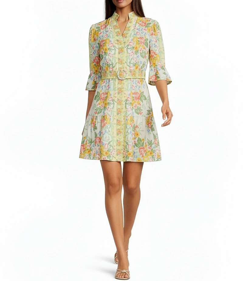 Adrianna Day by Adrianna Papell 3/4 Sleeve Floral Print Short Dress