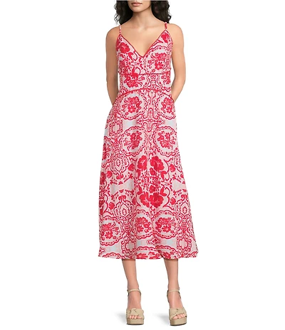 Adrianna Day by Adrianna Papell Linen Printed V-Neck Sleeveless A-Line Midi Dress