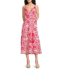 Adrianna Day by Adrianna Papell Linen Printed V-Neck Sleeveless A-Line Midi Dress