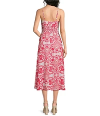 Adrianna Day by Adrianna Papell Linen Printed V-Neck Sleeveless A-Line Midi Dress