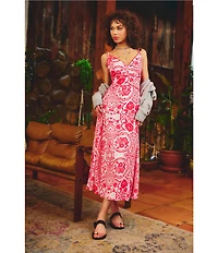 Adrianna Day by Adrianna Papell Linen Printed V-Neck Sleeveless A-Line Midi Dress