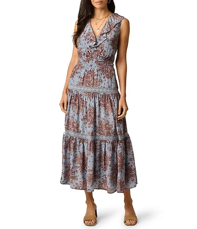 Adrianna Day by Adrianna Papell Printed Ruffle Neckline Maxi Dress