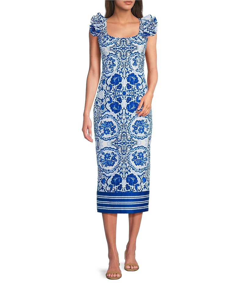 Adrianna Day by Adrianna Papell Printed Ruffle Shoulder Printed Midi Dress
