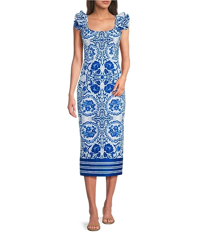 Adrianna Day by Adrianna Papell Printed Ruffle Shoulder Printed Midi Dress