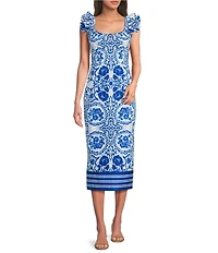 Adrianna Day by Adrianna Papell Printed Ruffle Shoulder Printed Midi Dress