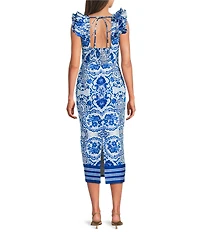 Adrianna Day by Adrianna Papell Printed Ruffle Shoulder Printed Midi Dress