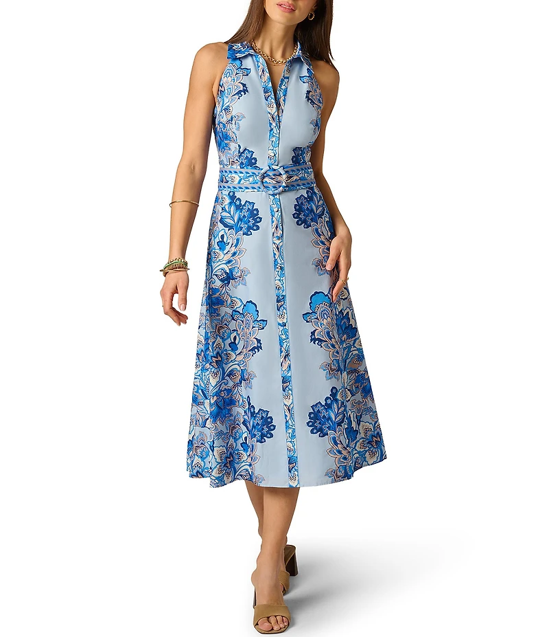 Adrianna Day by Adrianna Papell Printed Sleeveless Belted Shirt Midi Dress