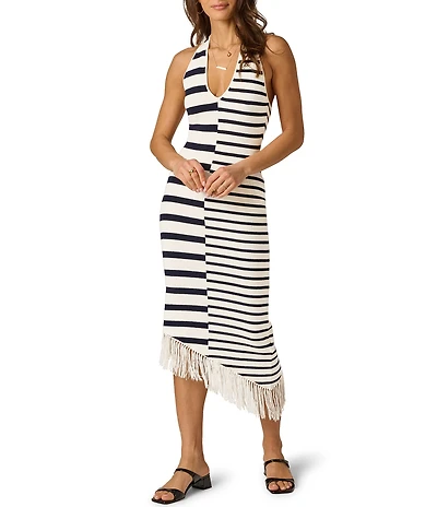 Adrianna Day by Adrianna Papell Sweater Knit Stripped V-Neck Sleeveless Fringe Sheath Midi Dress