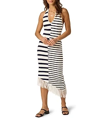 Adrianna Day by Adrianna Papell Sweater Knit Stripped V-Neck Sleeveless Fringe Sheath Midi Dress