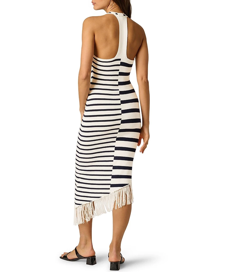Adrianna Day by Adrianna Papell Sweater Knit Stripped V-Neck Sleeveless Fringe Sheath Midi Dress
