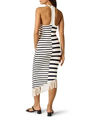 Adrianna Day by Adrianna Papell Sweater Knit Stripped V-Neck Sleeveless Fringe Sheath Midi Dress