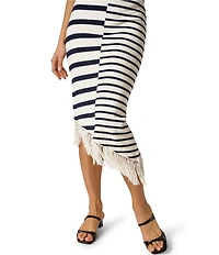 Adrianna Day by Adrianna Papell Sweater Knit Stripped V-Neck Sleeveless Fringe Sheath Midi Dress