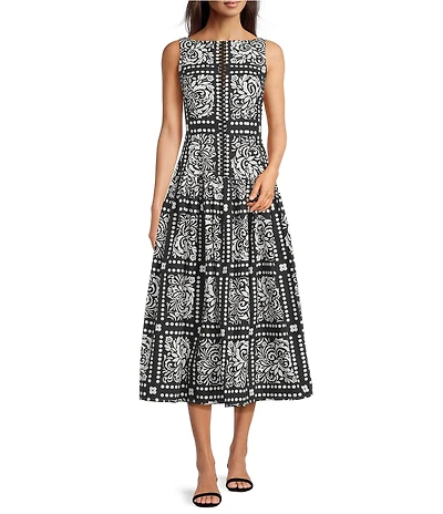 Adrianna Day by Adrianna Papell Woven Printed Boat Neck Sleeveless A-Line Midi Dress