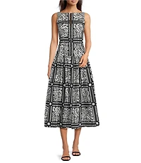 Adrianna Day by Adrianna Papell Woven Printed Boat Neck Sleeveless A-Line Midi Dress