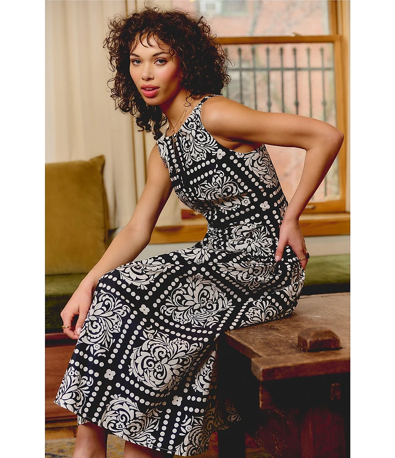 Adrianna Day by Adrianna Papell Woven Printed Boat Neck Sleeveless A-Line Midi Dress