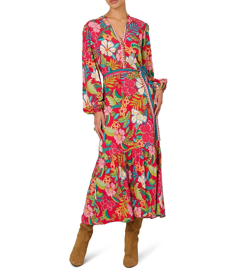 Adrianna Day by Adrianna Papell Woven V-Neck Long Sleeve Floral Print Belted A-Line Midi Dress