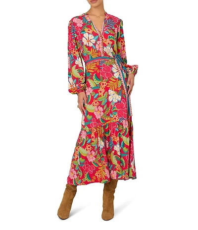 Adrianna Day by Adrianna Papell Woven V-Neck Long Sleeve Floral Print Belted A-Line Midi Dress