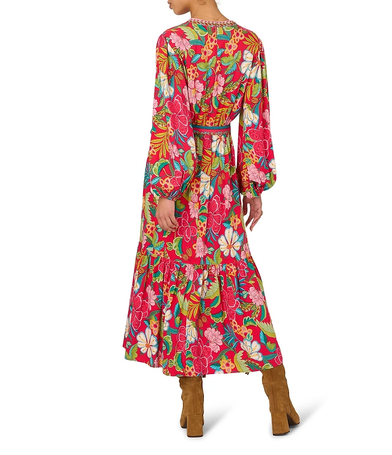 Adrianna Day by Adrianna Papell Woven V-Neck Long Sleeve Floral Print Belted A-Line Midi Dress