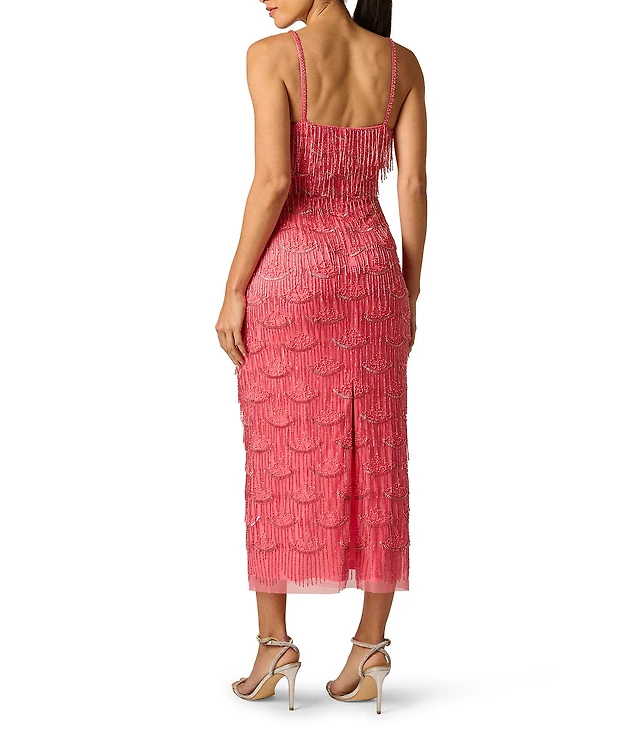 Adrianna Evening by Adrianna Papell Beaded Fringe Mesh V-Neck Sleeveless Sheath Midi Dress at CoolSprings Galleria in Franklin, TN