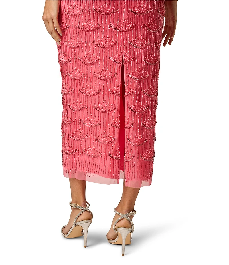 Adrianna Evening by Adrianna Papell Beaded Fringe Mesh V-Neck Sleeveless Sheath Midi Dress