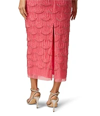 Adrianna Evening by Adrianna Papell Beaded Fringe Mesh V-Neck Sleeveless Sheath Midi Dress